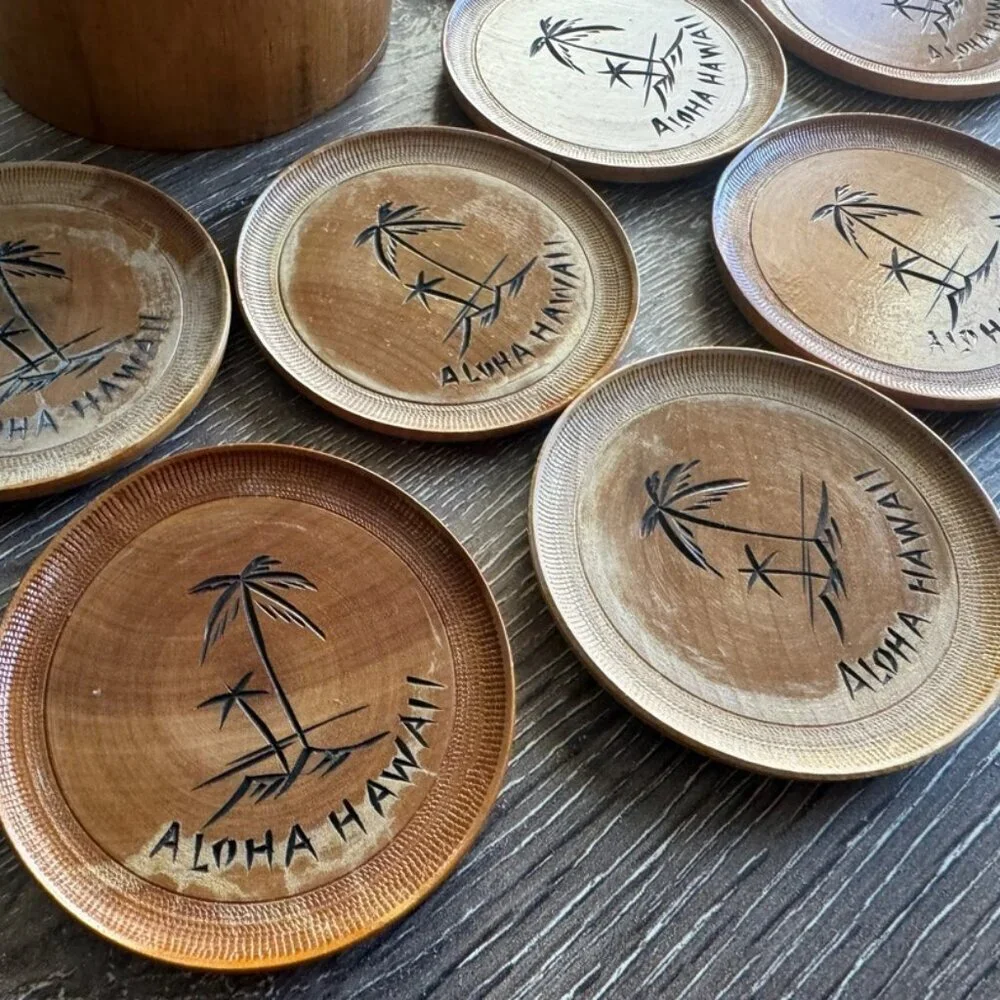 Set of 8 Vintage Wooden Carved Coasters with Container Holder.